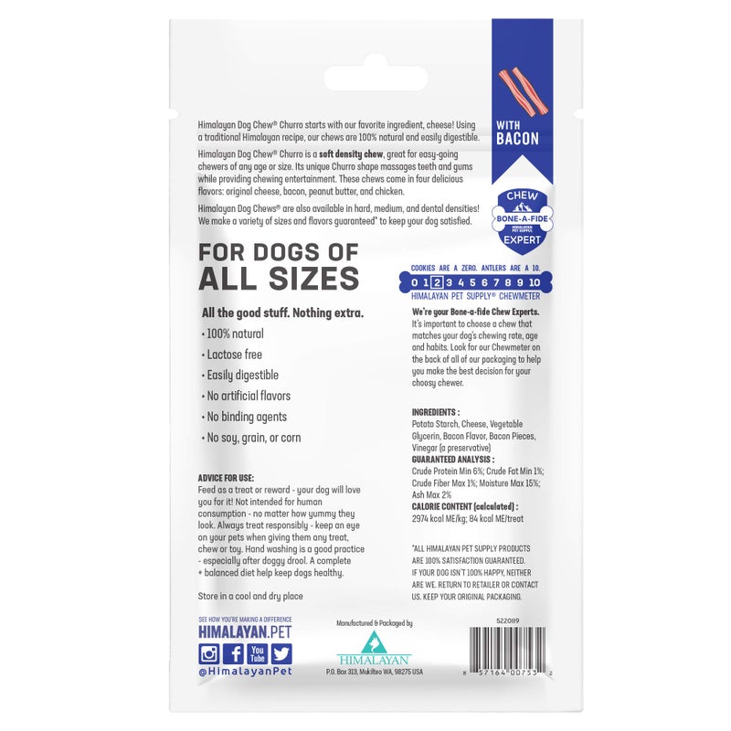 Himalayan Dog Chew Churro Yak Cheese Dog Chews, 100% Natural, Long Lasting, Gluten Free, Healthy & Safe Dog Treats, Lactose & Grain Free, Protein Rich, For All Breeds, Soft, Real Bacon Flavor, 4 Pack - Image 2